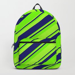 [ Thumbnail: Green, Light Green & Midnight Blue Colored Striped/Lined Pattern Backpack ]