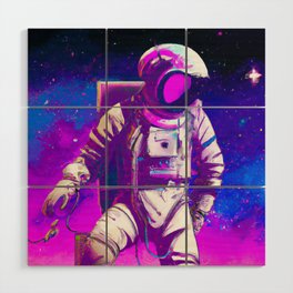 Lone Astronaut Floating in a Cyberpunk Galaxy Wood Wall Art