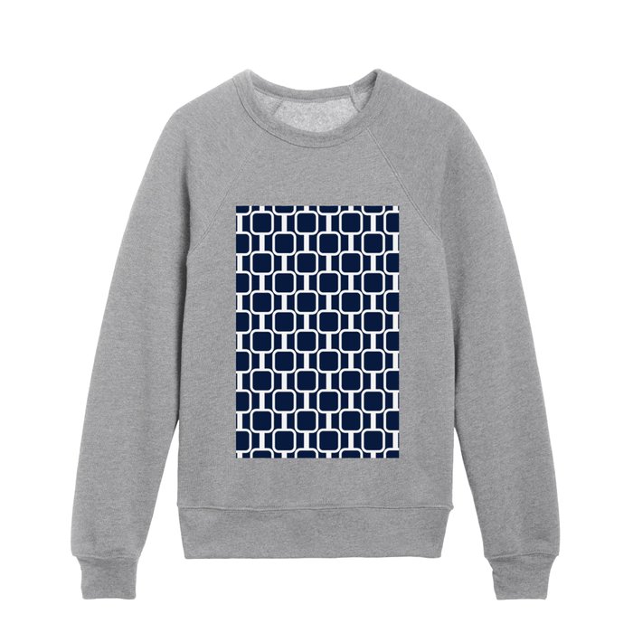 Mod Links Midcentury Geometric Pattern in Nautical Navy Blue and White Kids Crewneck