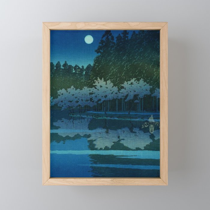 Spring Night at Inokashira blue nature Japanese landscape painting with cherry blossoms by Hasui Kawase Framed Mini Art Print