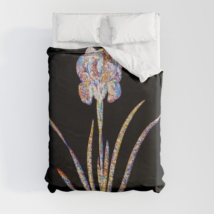 Floral Mourning Iris Mosaic on Black Duvet Cover