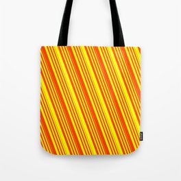[ Thumbnail: Red & Yellow Colored Lined Pattern Tote Bag ]