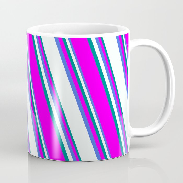 Royal Blue, Mint Cream, Teal, and Fuchsia Colored Lined Pattern Coffee Mug