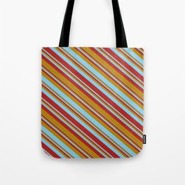[ Thumbnail: Dark Goldenrod, Sky Blue & Red Colored Stripes Pattern Tote Bag ]