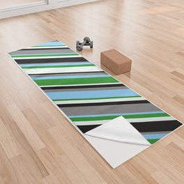 [ Thumbnail: Gray, Light Sky Blue, Forest Green, Mint Cream & Black Colored Striped Pattern Yoga Towel ]