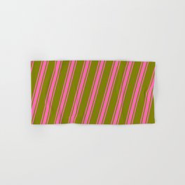 [ Thumbnail: Green & Hot Pink Colored Lines/Stripes Pattern Hand & Bath Towel ]