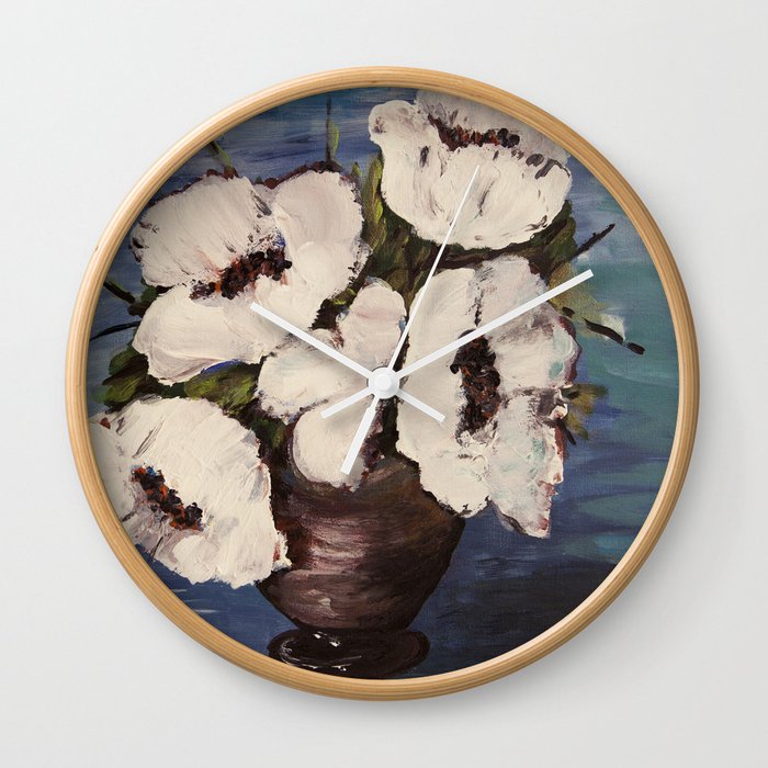 White poppy, floral, still life, minimalist, painting, boho interior Wall Clock