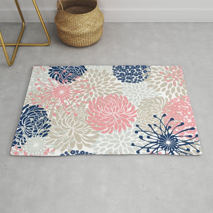 Floral Mixed Blooms, Blush Pink, Navy Blue, Gray, Beige Rug