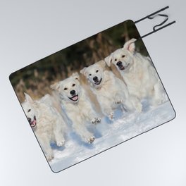 Four Golden Retriever Dogs Running Outdoors  Picnic Blanket