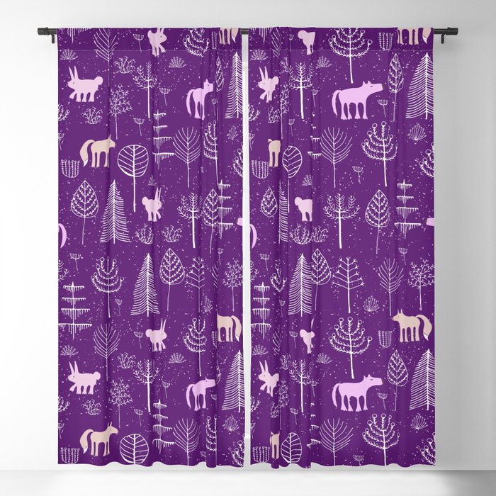 Modern Hand Painted Violet Pink White Forest Trees Animals Pattern Blackout Curtain By Eclectic Art