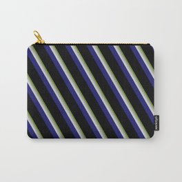 [ Thumbnail: Vibrant Green, Dark Gray, Light Grey, Midnight Blue, and Black Colored Pattern of Stripes Carry-All Pouch ]