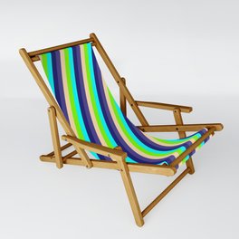 [ Thumbnail: Eye-catching Green, Aqua, Midnight Blue, Dark Slate Blue & Tan Colored Stripes/Lines Pattern Sling Chair ]