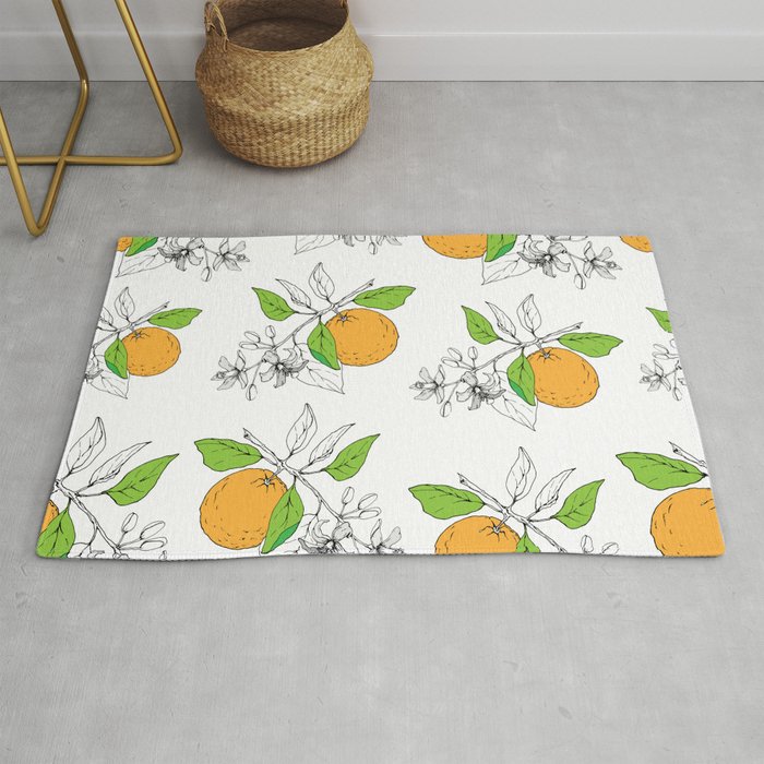 Orange tree branch with leaves, flowers and fruits. Cut orange.Pattern  Rug