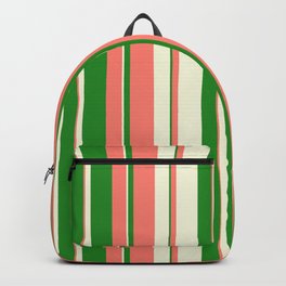 [ Thumbnail: Salmon, Forest Green & Beige Colored Lined Pattern Backpack ]