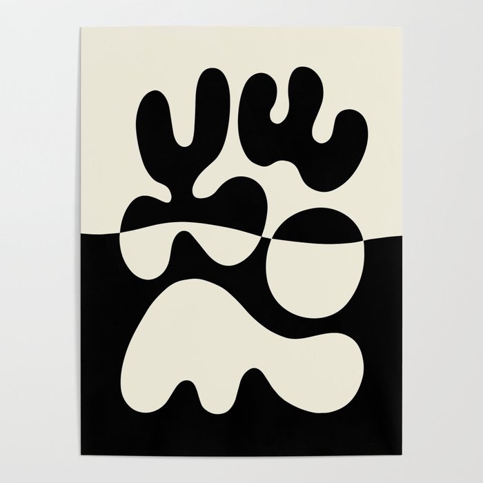 Mid Century Modern Organic Abstraction 235 Black and Ivory White Poster