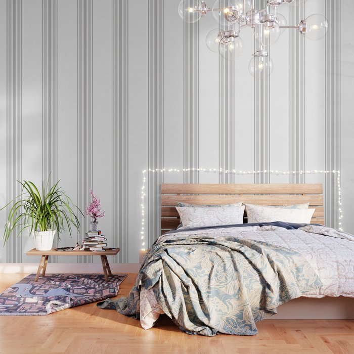 Farmhouse Ticking Stripes In Gray On White Wallpaper By