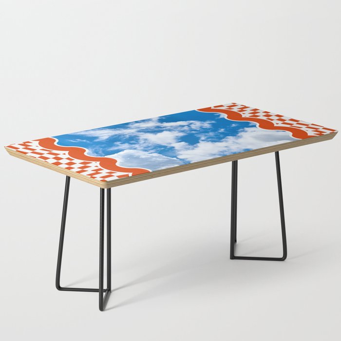 The Blue Sky In Red Wavy Frame On Red Warped Checkerboard Coffee Table