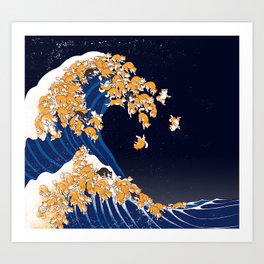 Shiba Inu The Great Wave in Night Art Print