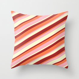 [ Thumbnail: Light Yellow, Brown, Coral & Light Pink Colored Stripes/Lines Pattern Throw Pillow ]