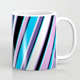 [ Thumbnail: Eye-catching Plum, Dark Slate Blue, Black, Deep Sky Blue & White Colored Lined/Striped Pattern Coffee Mug ]
