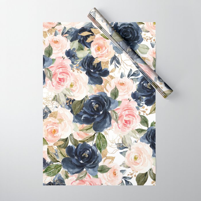Navy Pink Watercolor Floral Pattern Nursery Flowers Wrapping Paper by Honey  Design Studio