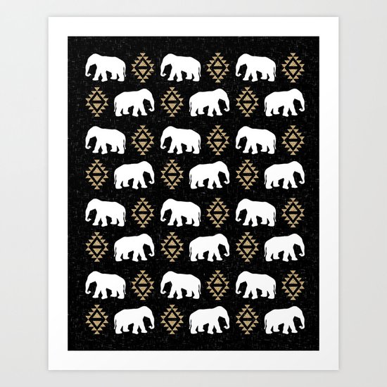 Elephant modern pattern print black gold glitter minimal with tribal influence gender neutral Art Print