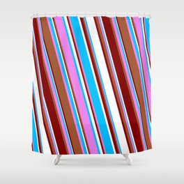 [ Thumbnail: Vibrant Violet, Sienna, Maroon, White, and Deep Sky Blue Colored Stripes Pattern Shower Curtain ]