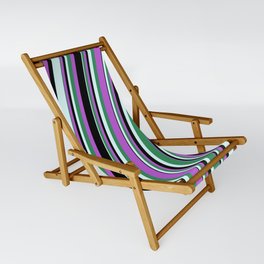 [ Thumbnail: Orchid, Black, Light Cyan, and Sea Green Colored Lined/Striped Pattern Sling Chair ]