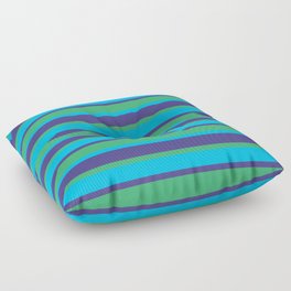 [ Thumbnail: Dark Slate Blue, Sea Green & Deep Sky Blue Colored Striped Pattern Floor Pillow ]