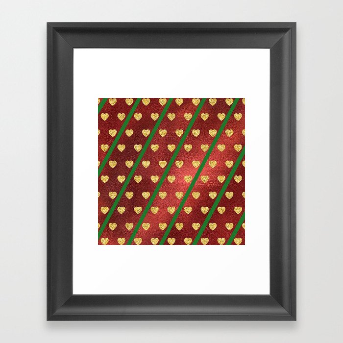 Gold Hearts on a Red Shiny Background with Green Diagonal Lines  Framed Art Print