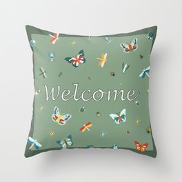 Ditsy Insects - Green Welcome Throw Pillow