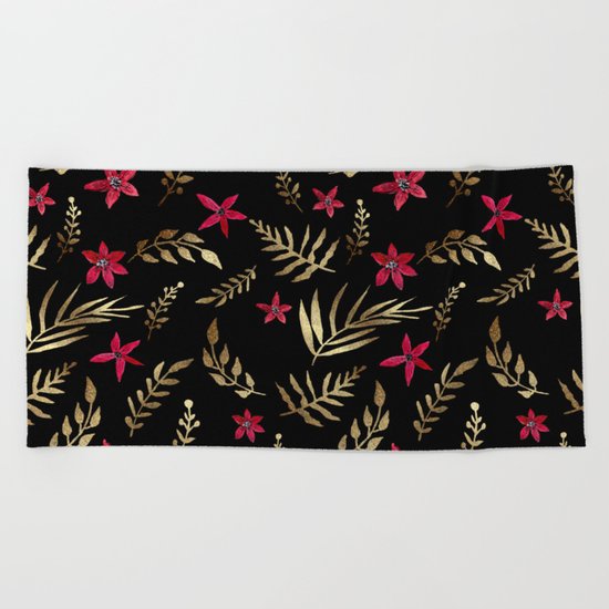 Golden palm tropical glitter leaves and red flowers on black Beach Towel