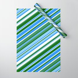 [ Thumbnail: Eye-catching Blue, Mint Cream, Sea Green, Dark Green & Light Sky Blue Colored Lined Pattern Wrapping Paper ]