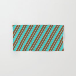 [ Thumbnail: Turquoise and Sienna Colored Lines Pattern Hand & Bath Towel ]