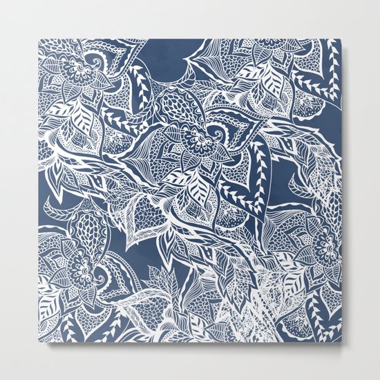 Modern navy blue peony white hand drawn floral watercolor pattern Metal Print