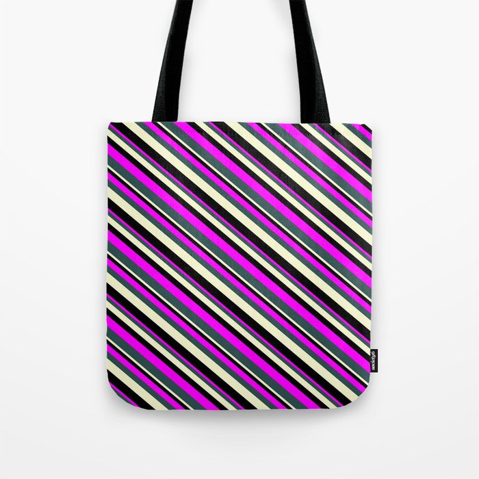 Fuchsia, Dark Slate Gray, Light Yellow, and Black Colored Lined Pattern Tote Bag