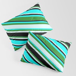 [ Thumbnail: Aqua, Forest Green, Light Cyan, and Black Colored Lines/Stripes Pattern Pillow Sham ]