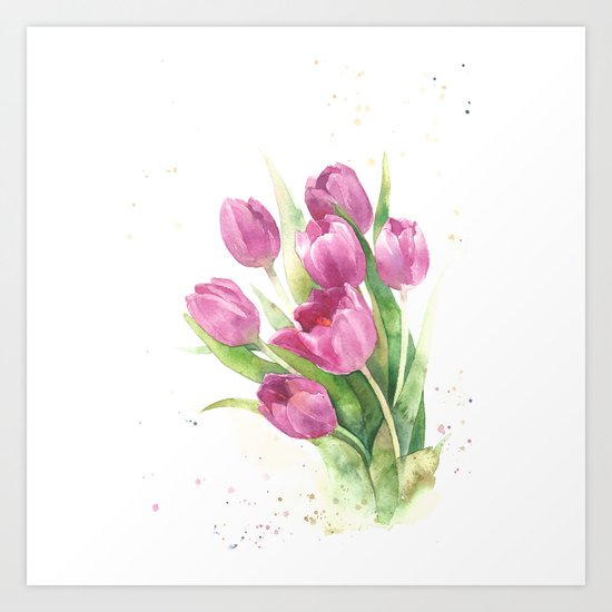 Watercolor bouquet of pink tulips Art Print