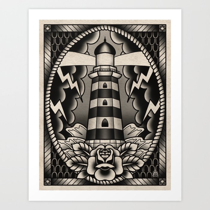 Stormy Lighthouse Tattoo - BW Art Print
