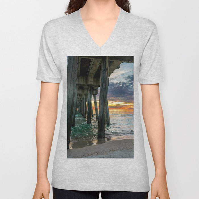Panama City Beach Pier Sunset V Neck T Shirt