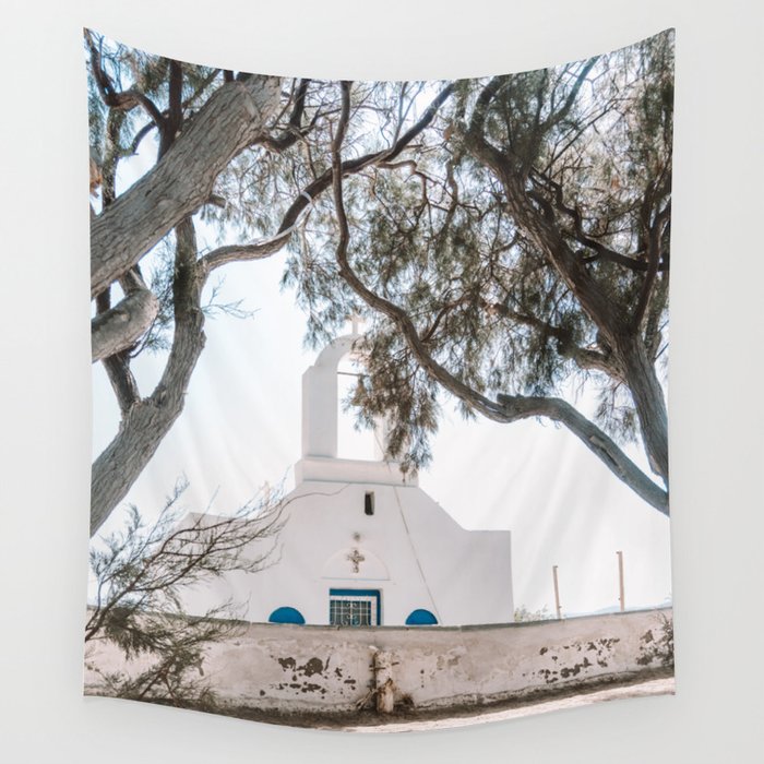 White Church in Greece | Happy Travel Photography in South Europe | Summer Days Hike on the Islands  Wall Tapestry