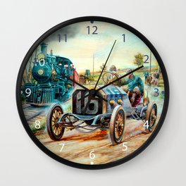 Vintage Cars Racing Scene,train painting Wall Clock