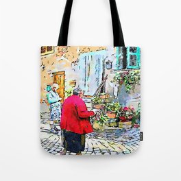 Barbarano Romano: elderly woman in red Tote Bag