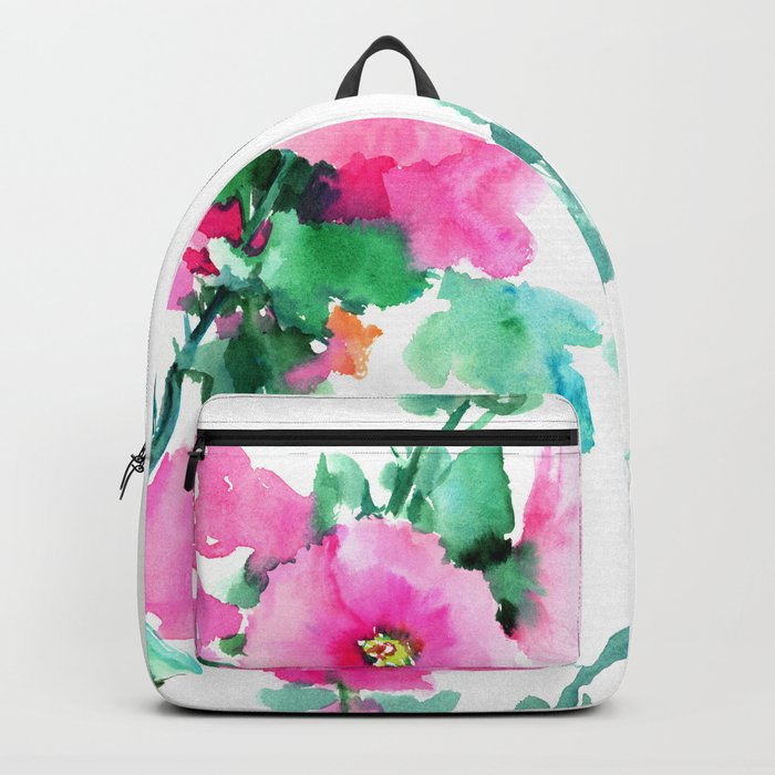 Hollyhock, Green pink design floral, Pink Flowers vintage floral design Backpack