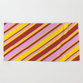 [ Thumbnail: Yellow, Brown, and Plum Colored Pattern of Stripes Beach Towel ]