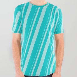 [ Thumbnail: Turquoise & Dark Turquoise Colored Stripes Pattern All Over Graphic Tee ]