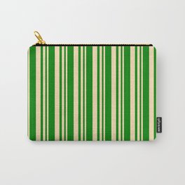 [ Thumbnail: Beige and Green Colored Lined/Striped Pattern Carry-All Pouch ]