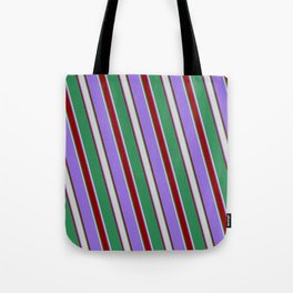 [ Thumbnail: Purple, Dark Red, Sea Green, and Light Grey Colored Lines Pattern Tote Bag ]