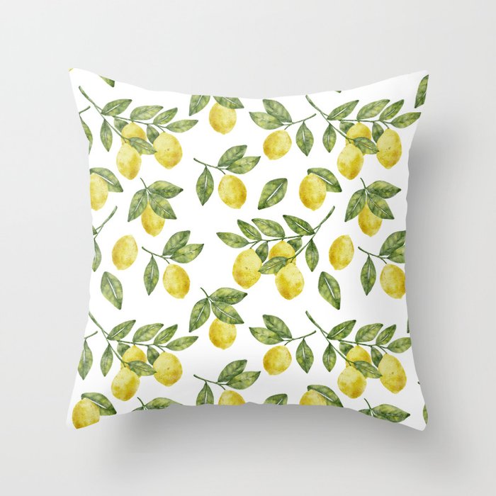 Yellow summer watercolor lemons with green leaves citrus pattern Throw Pillow
