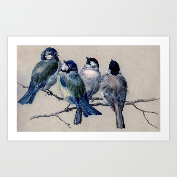 Vintage Cute Blue Birds On Branch Art Print By Vintage Birds Society6
